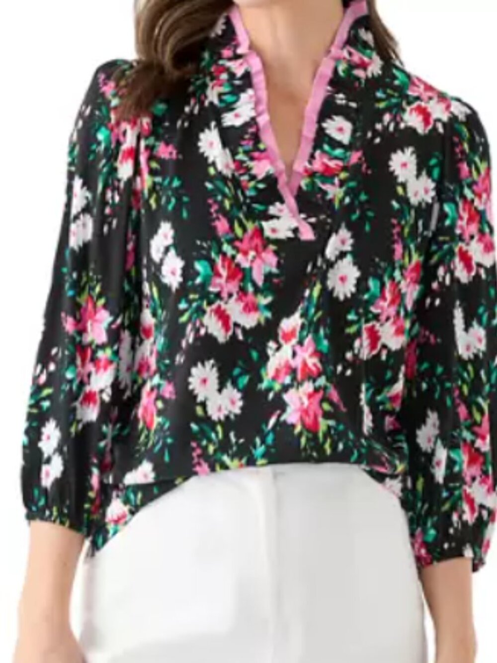 Crown & Ivy Women's 3/4 Sleeve Double Ruffle Neck Printed Top